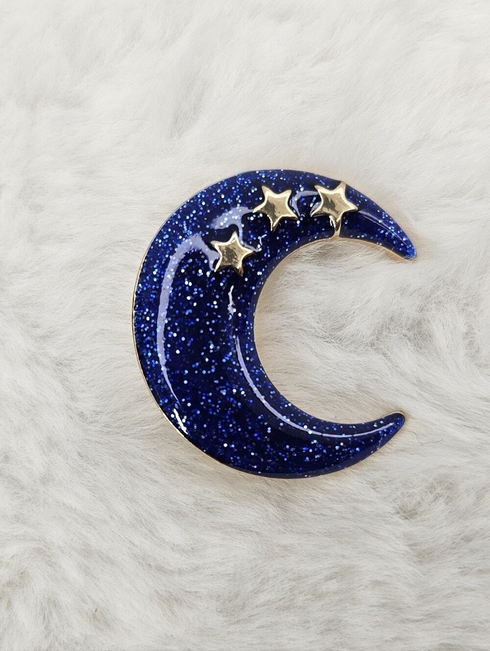Glitter Crescent Moon Brooch Pin with Gold Stars - Deep Navy